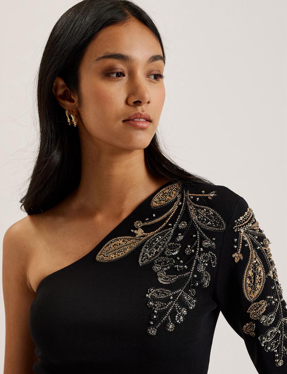 Black Ted Baker HEATHRR - One Shoulder Embellished Detail Women Tops | SG  6281-NUMXI