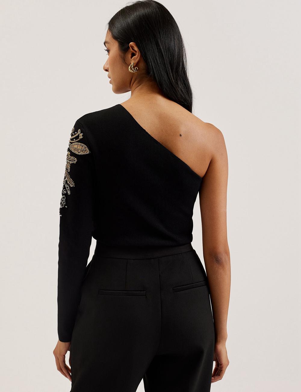 Black Ted Baker HEATHRR - One Shoulder Embellished Detail Women Tops | SG  6281-NUMXI