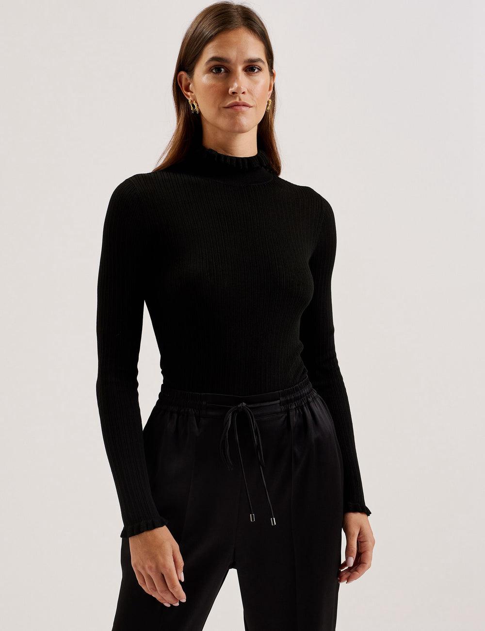 Black Ted Baker JANITTT - Ruffle Trim High Neck Ribbed Women Jumpers | SG  0728-MREXC