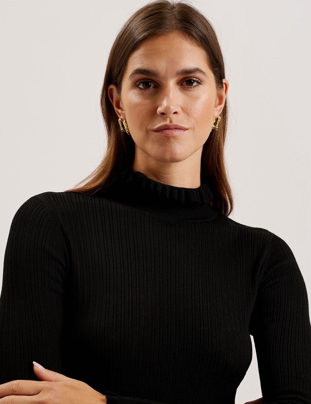 Black Ted Baker JANITTT - Ruffle Trim High Neck Ribbed Women Jumpers | SG  0728-MREXC