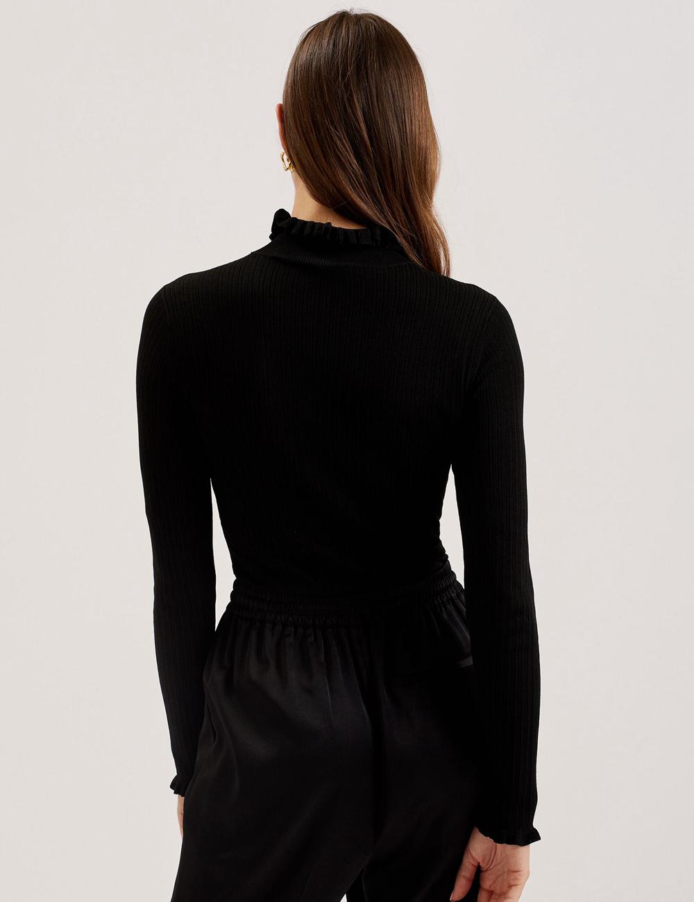 Black Ted Baker JANITTT - Ruffle Trim High Neck Ribbed Women Jumpers | SG  0728-MREXC