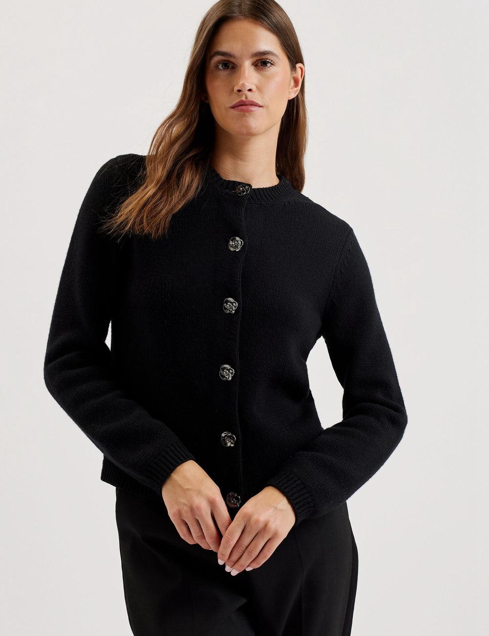 Black Ted Baker JAYCEY - Rose Button Knitted Crew Neck Women Cardigans | SG  8214-SIWER