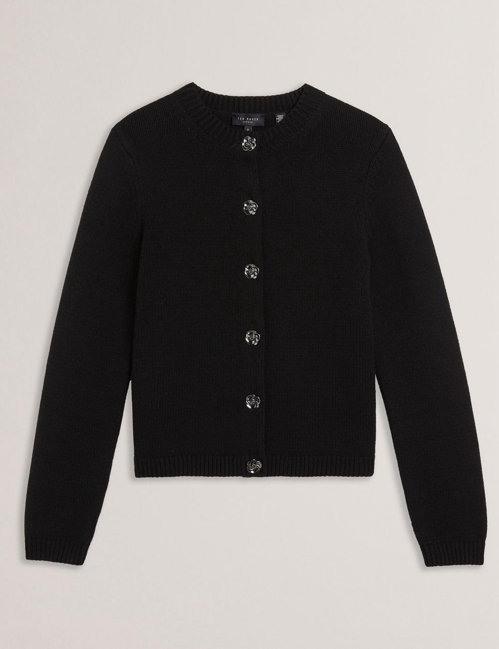 Black Ted Baker JAYCEY - Rose Button Knitted Crew Neck Women Cardigans | SG  8214-SIWER
