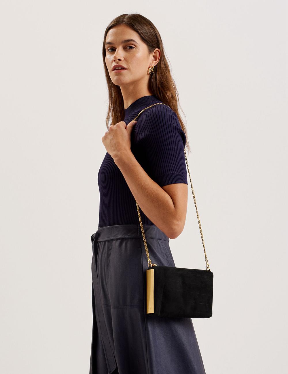 Black Ted Baker JEINER - Suede Clutch With Hardware Sides Women Clutch Bag | SG  0719-PVEOL