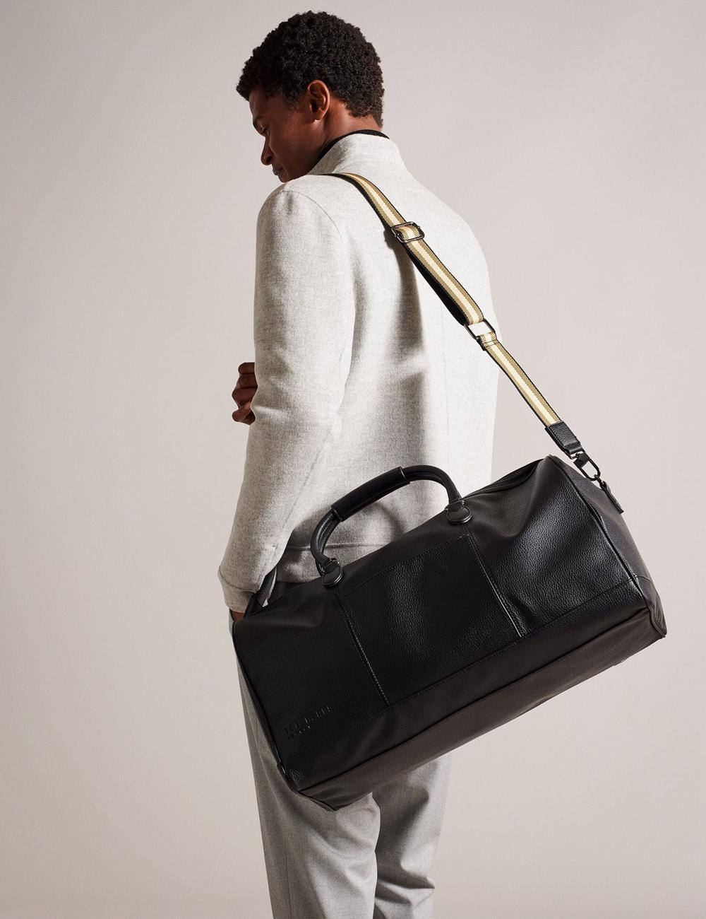 Black Ted Baker KALVIN - Webbing Faux Leather Men Holdall Bags | SG  3789-APOMR