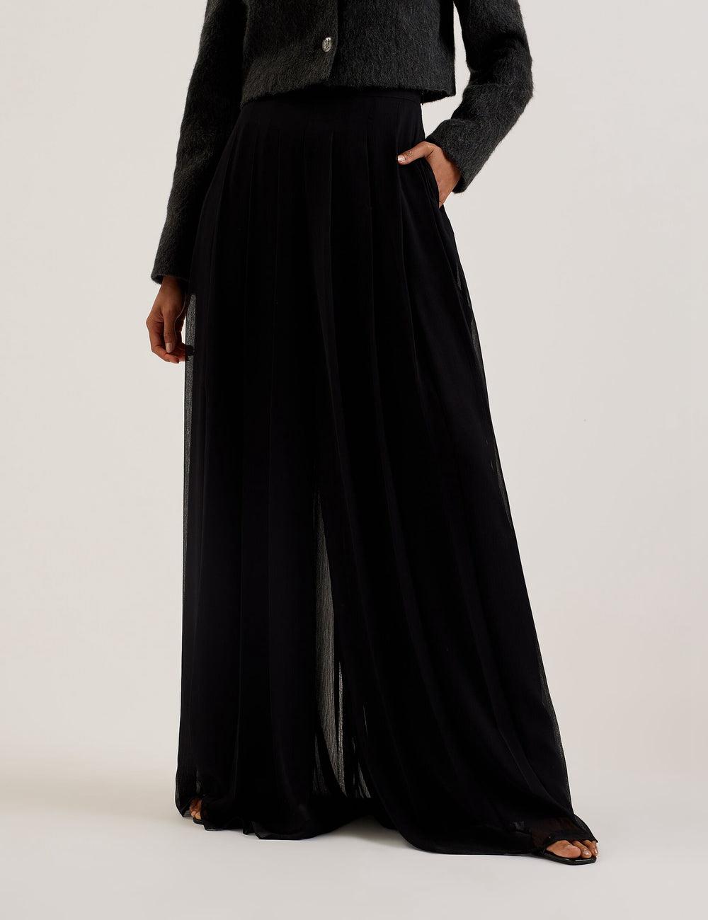 Black Ted Baker KOKUTO - Chiffon Pleated Wide Leg Palazzo Women Trousers | SG  3094-ZOAPB