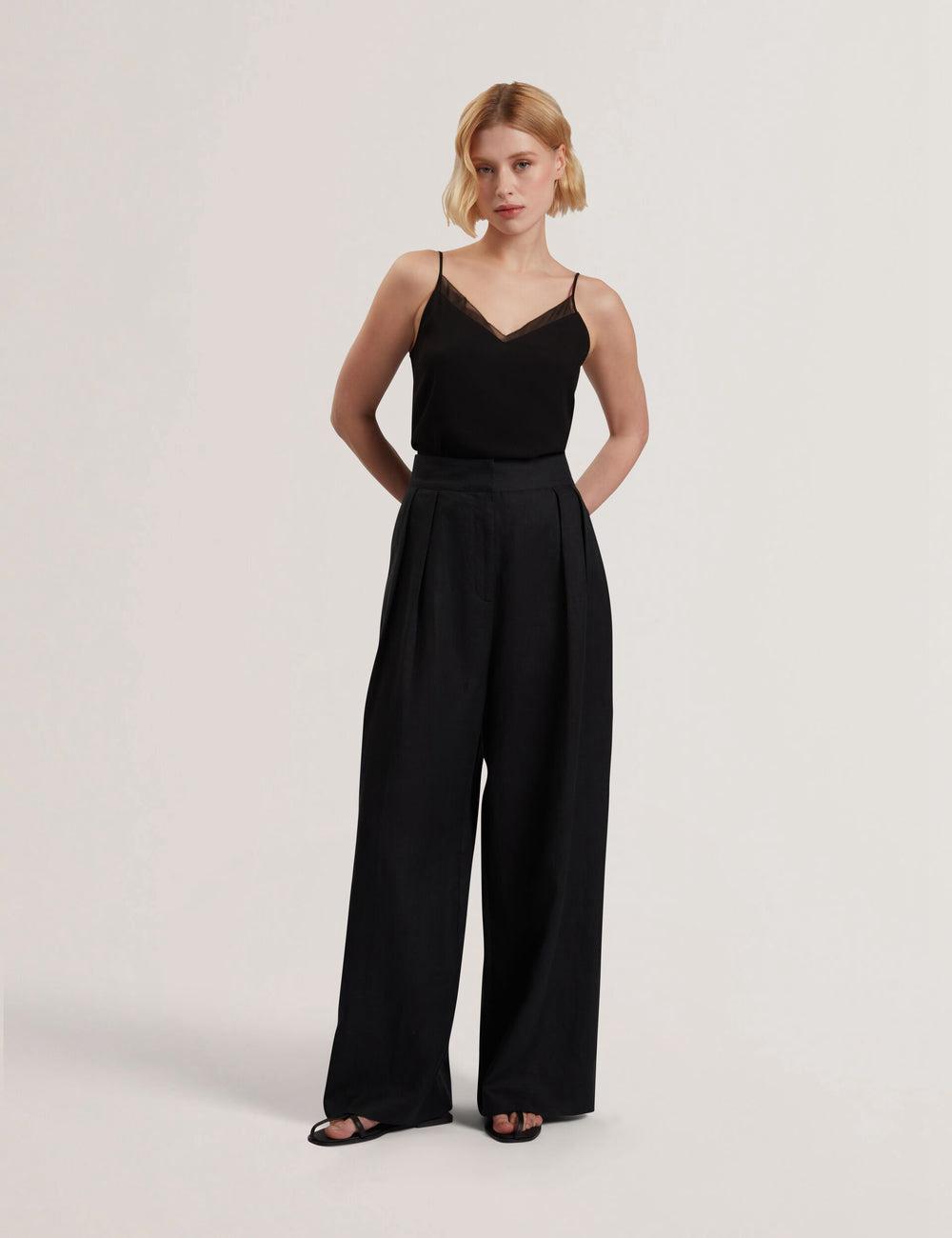 Black Ted Baker KYFAAT - Pure Linen Tailored Wide Leg Women Trousers | SG  7581-HUDWX