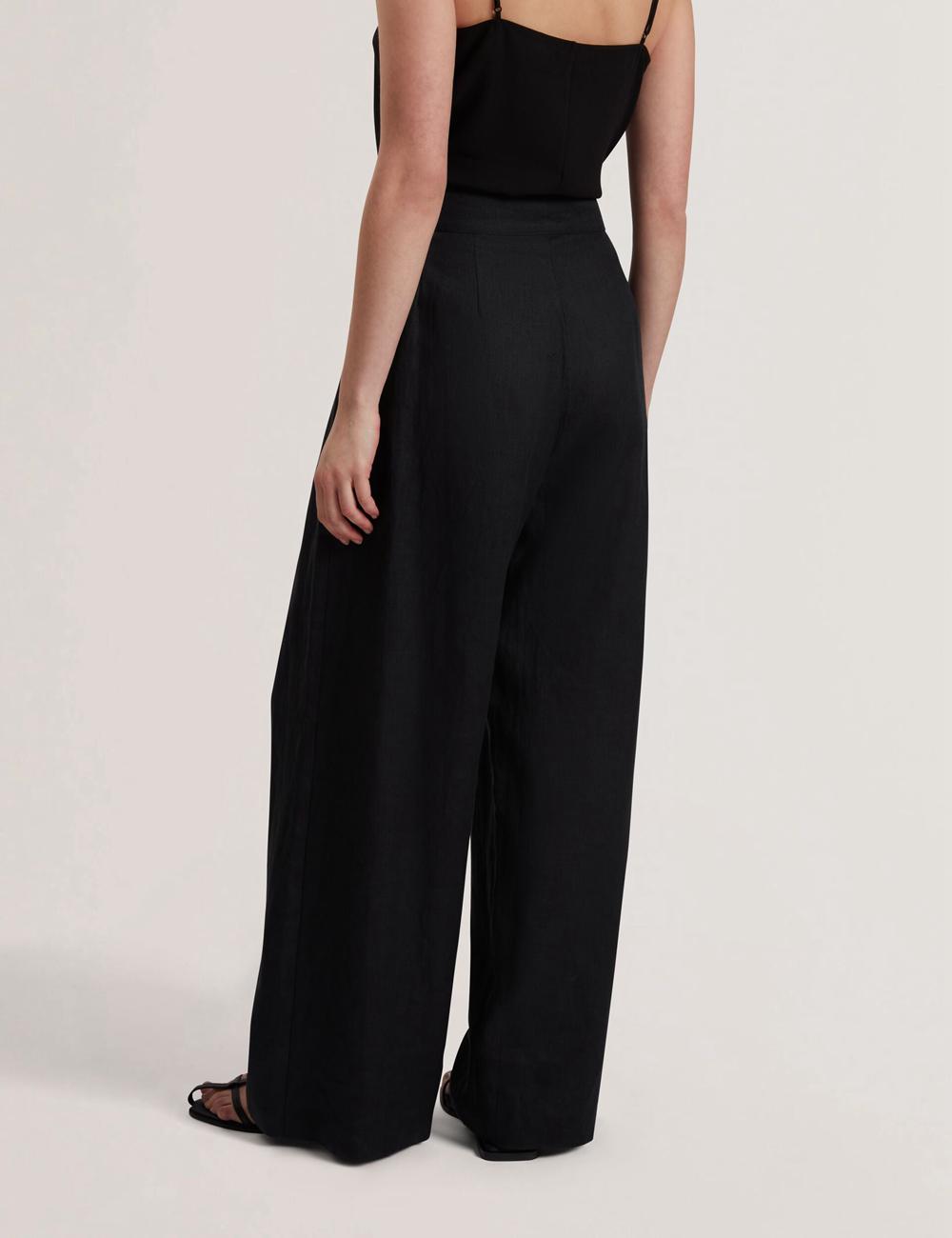Black Ted Baker KYFAAT - Pure Linen Tailored Wide Leg Women Trousers | SG  7581-HUDWX