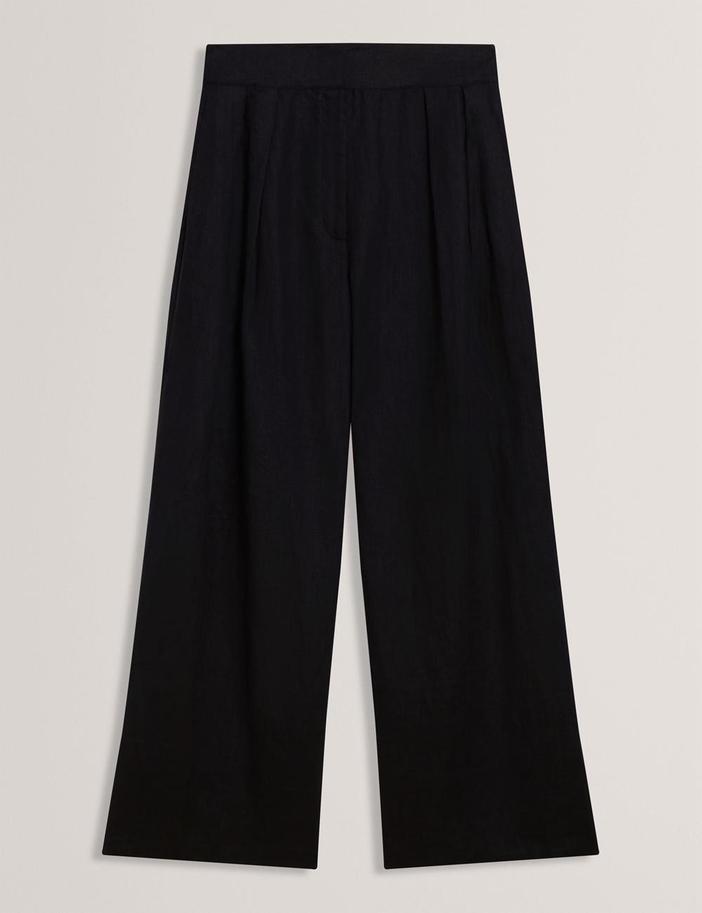 Black Ted Baker KYFAAT - Pure Linen Tailored Wide Leg Women Trousers | SG  7581-HUDWX