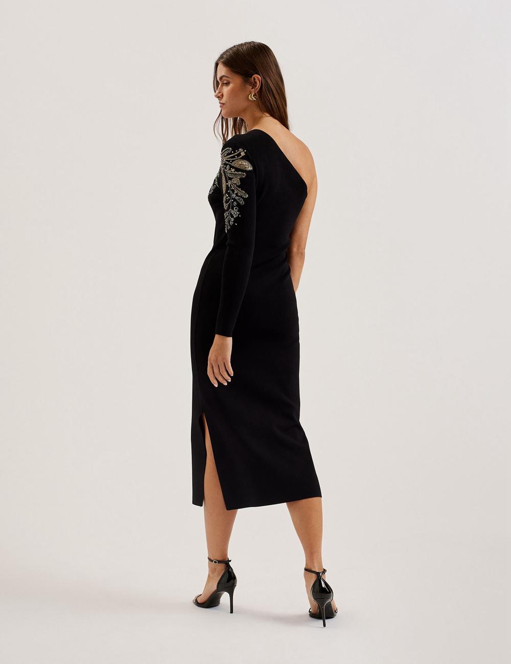 Black Ted Baker LIZYYY - One Shoulder Embellished Knit Women Midi Dresses | SG  8795-INUFG