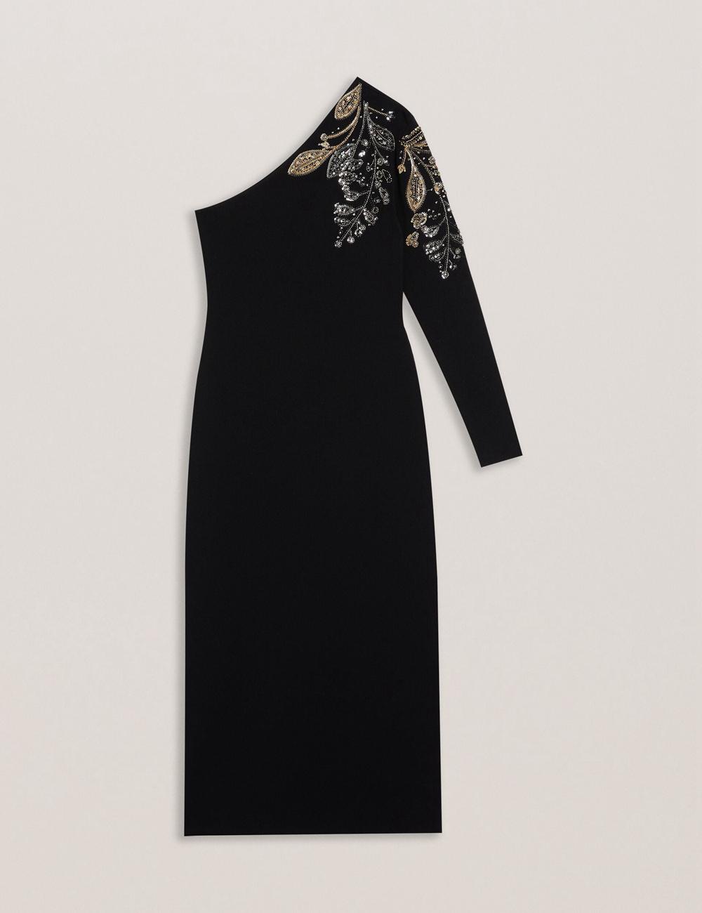 Black Ted Baker LIZYYY - One Shoulder Embellished Knit Women Midi Dresses | SG  8795-INUFG