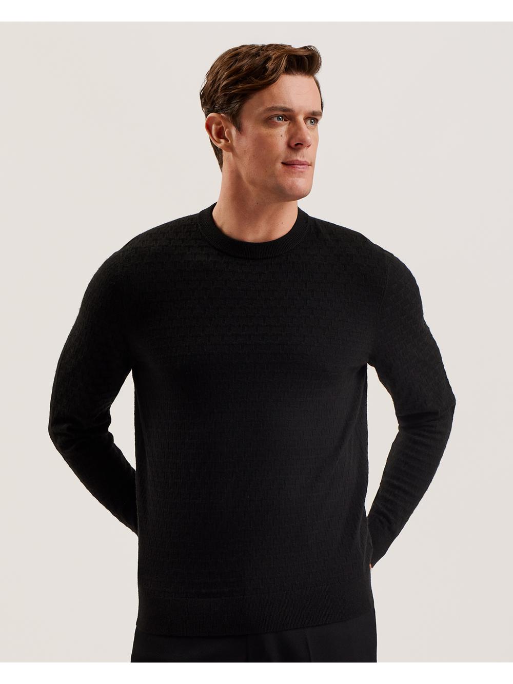 Black Ted Baker LOUNG - Textured T Knit Crew Neck Men Jumpers | SG  6137-AIWGY