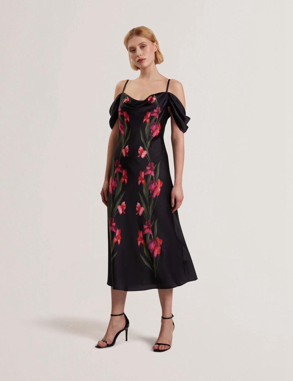 Black Ted Baker LUCERN - Floral Satin Off Shoulder Bias Women Midi Dresses | SG  8053-MGKHV