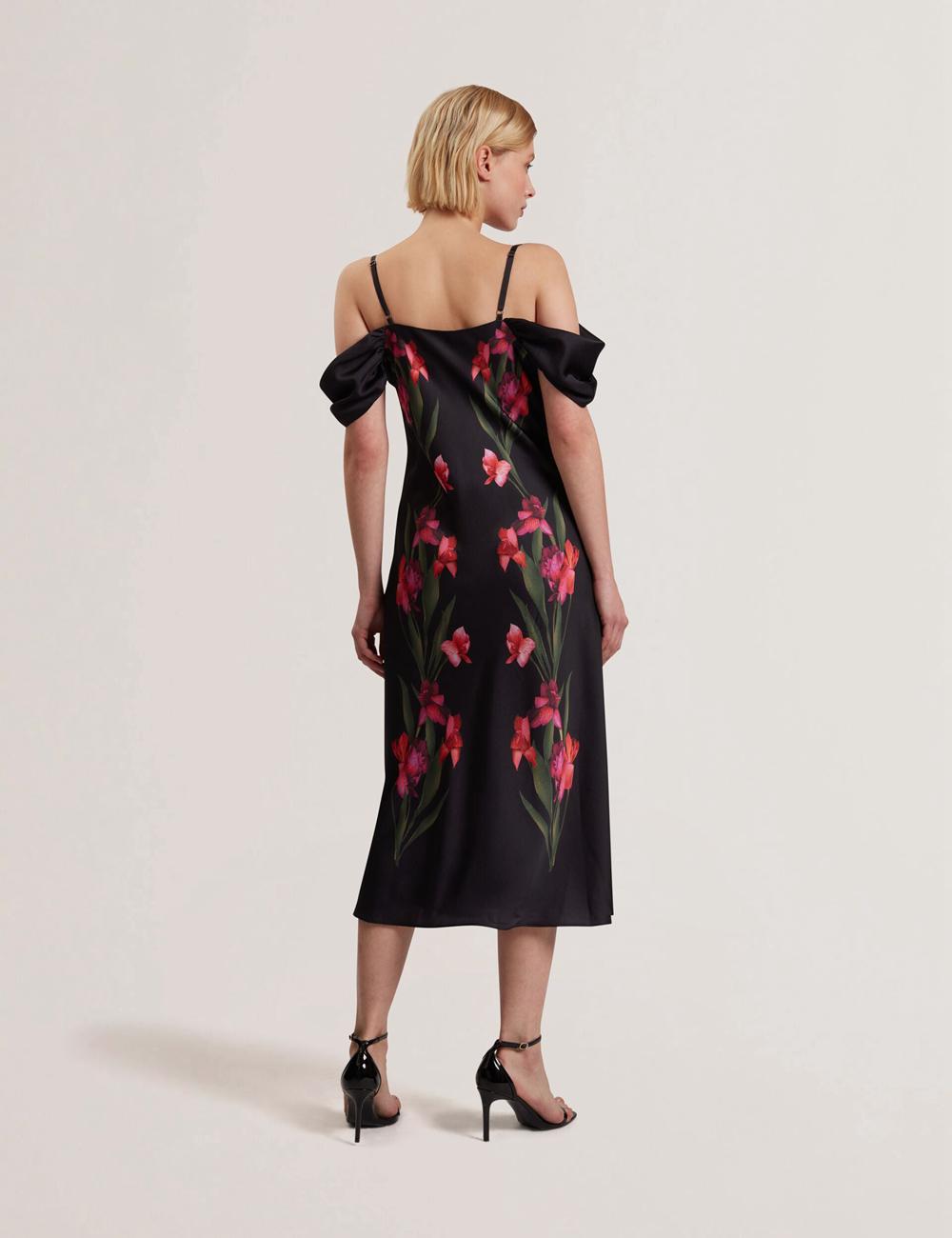 Black Ted Baker LUCERN - Floral Satin Off Shoulder Bias Women Midi Dresses | SG  8053-MGKHV