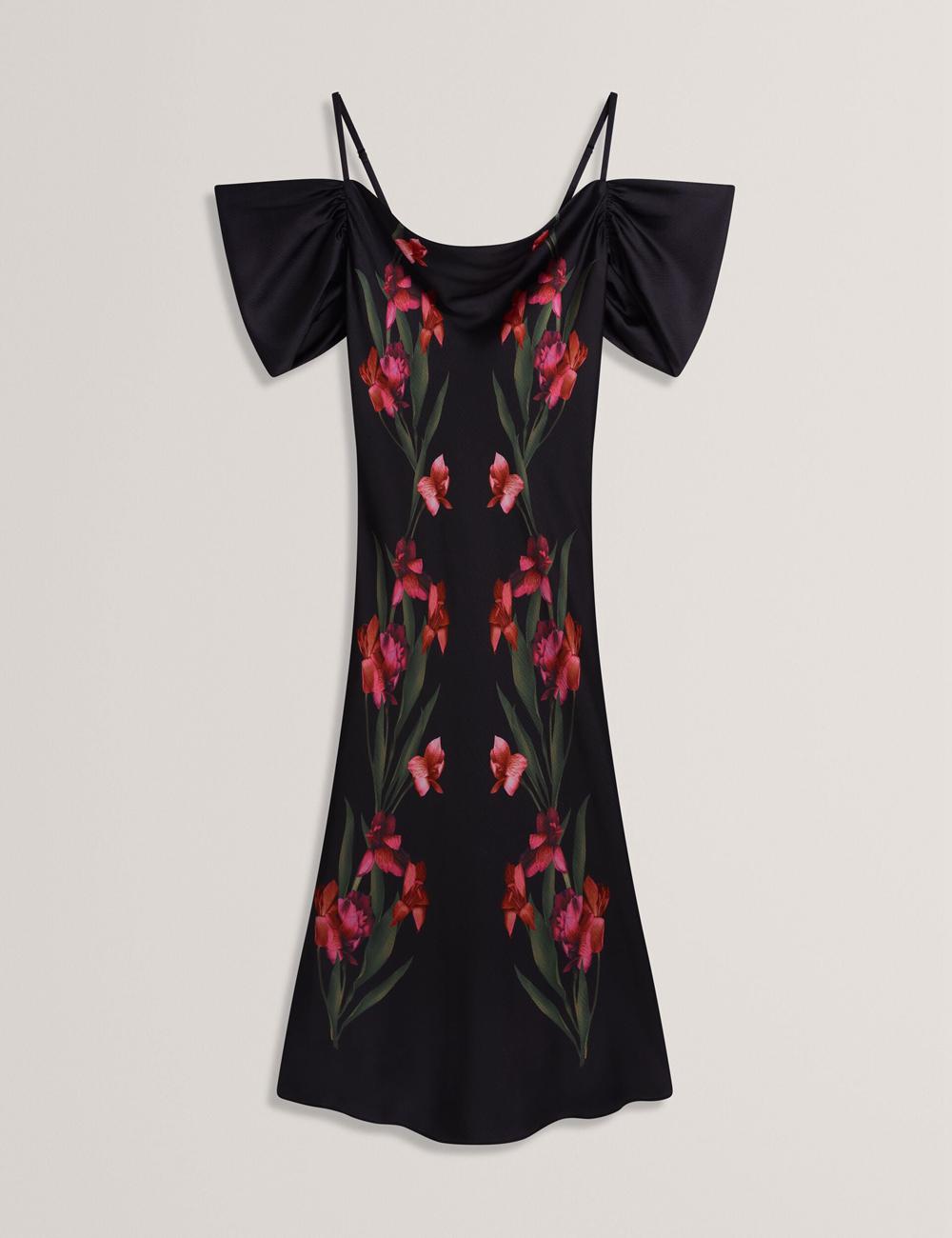 Black Ted Baker LUCERN - Floral Satin Off Shoulder Bias Women Midi Dresses | SG  8053-MGKHV