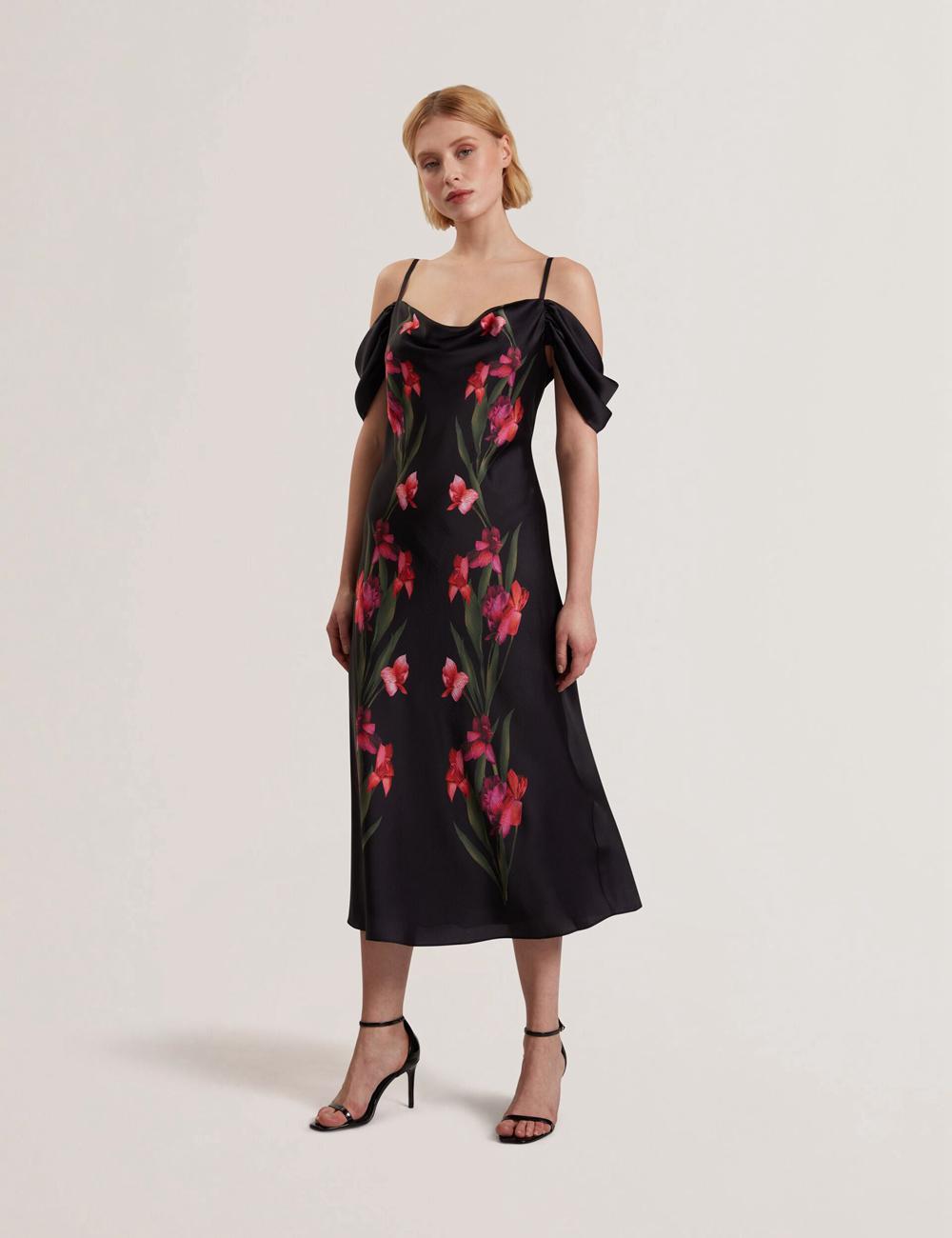 Black Ted Baker LUCERN - Floral Satin Off Shoulder Bias Women Midi Dresses | SG  8053-MGKHV