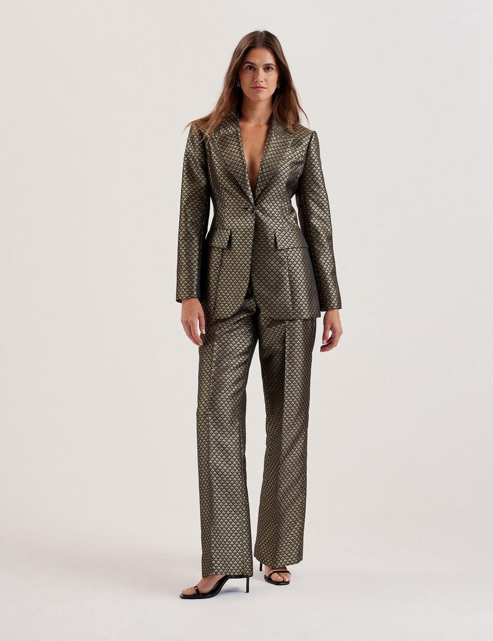 Black Ted Baker MANGUT - Metallic Jacquard Wide Leg Tailored Women Trousers | SG  6749-BSHPF