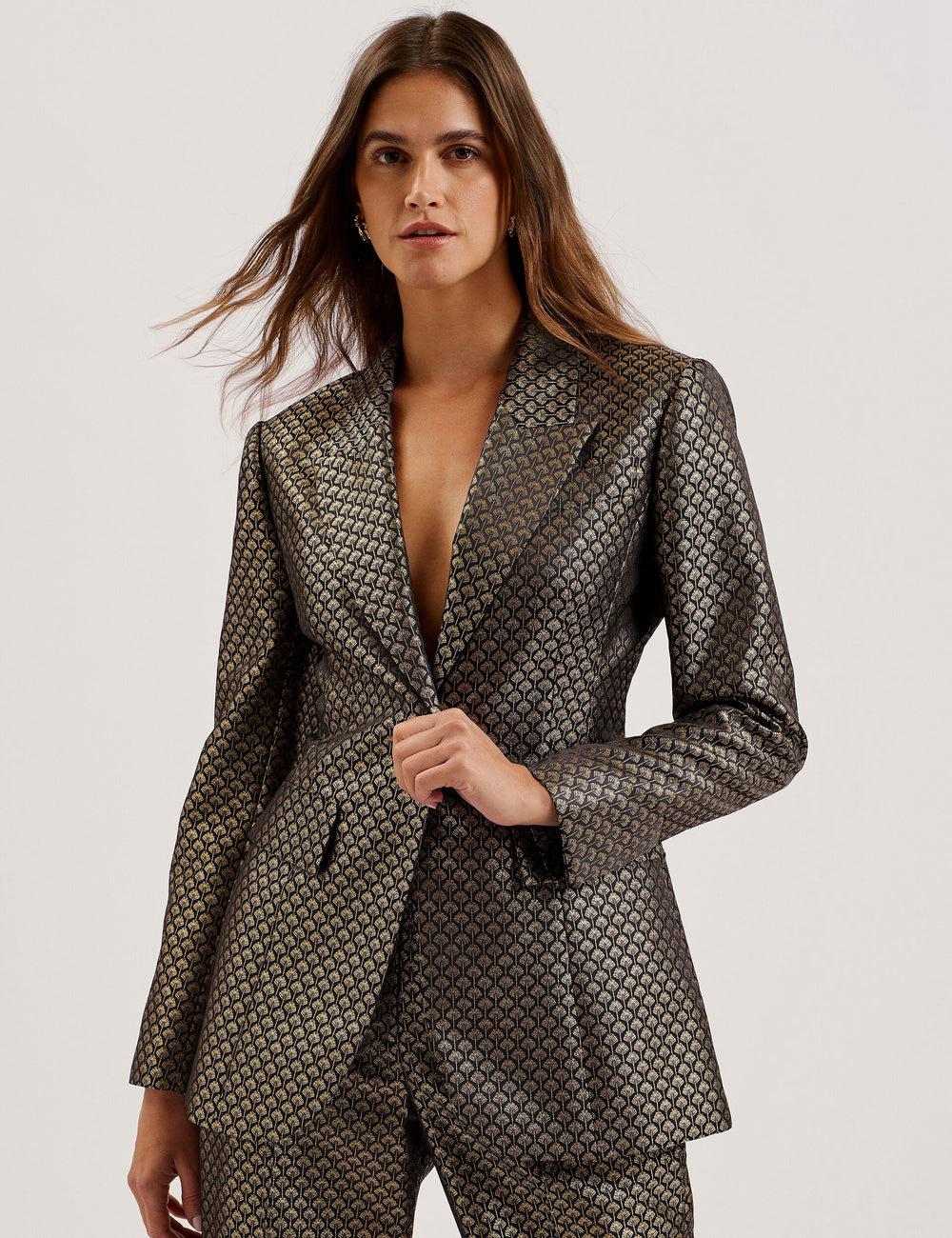 Black Ted Baker MANGU - Tailored Metallic Jacquard Fitted Women Blazers | SG  8475-ESIWF