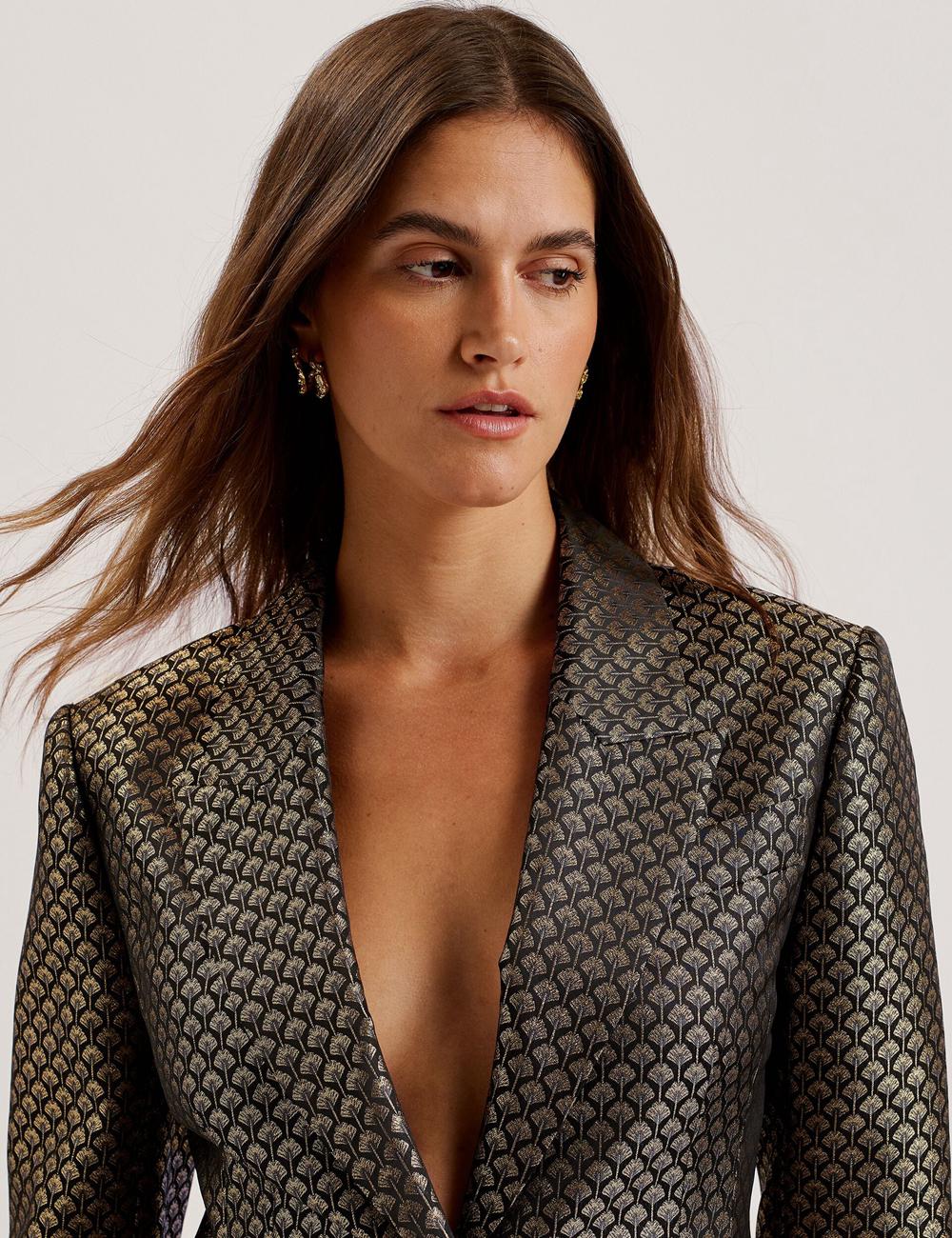 Black Ted Baker MANGU - Tailored Metallic Jacquard Fitted Women Blazers | SG  8475-ESIWF