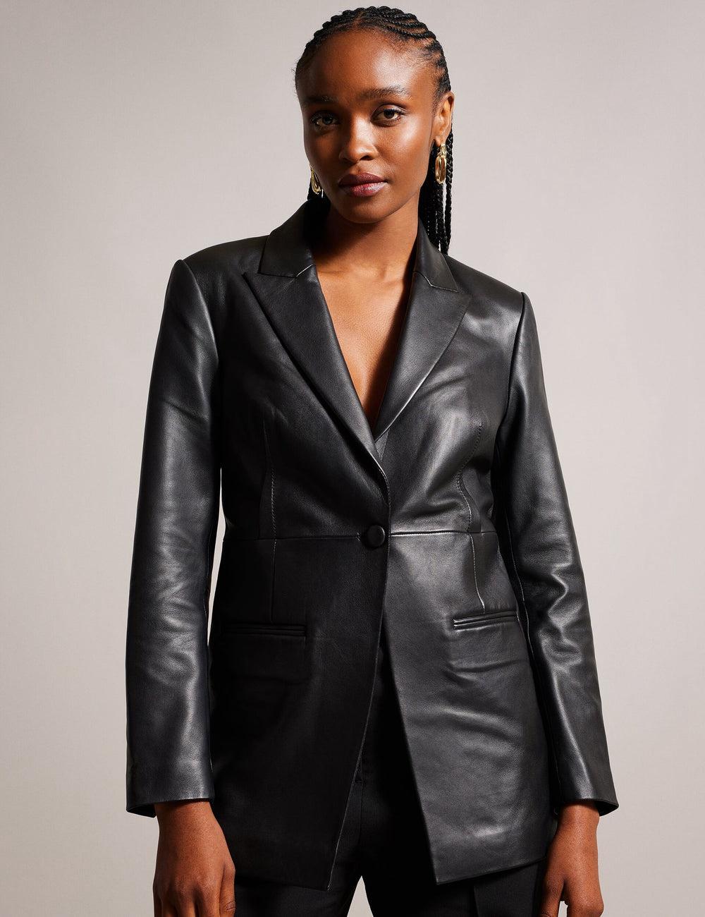 Black Ted Baker MELLIIE - Longline Single Breasted Leather Women Blazers | SG  7506-TALEX