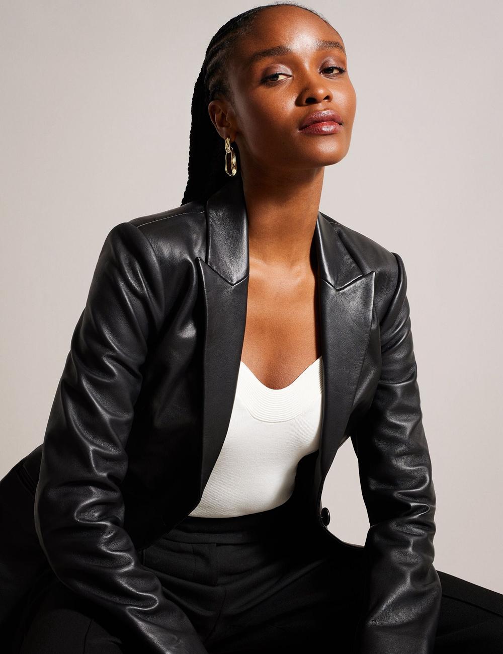 Black Ted Baker MELLIIE - Longline Single Breasted Leather Women Blazers | SG  7506-TALEX