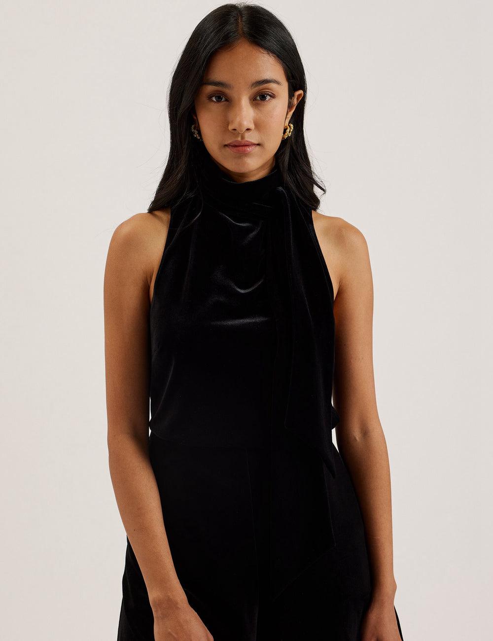 Black Ted Baker NALIAS - Velvet High Cowl Neck Sleeveless Women Tank Tops | SG  8137-FHYPV