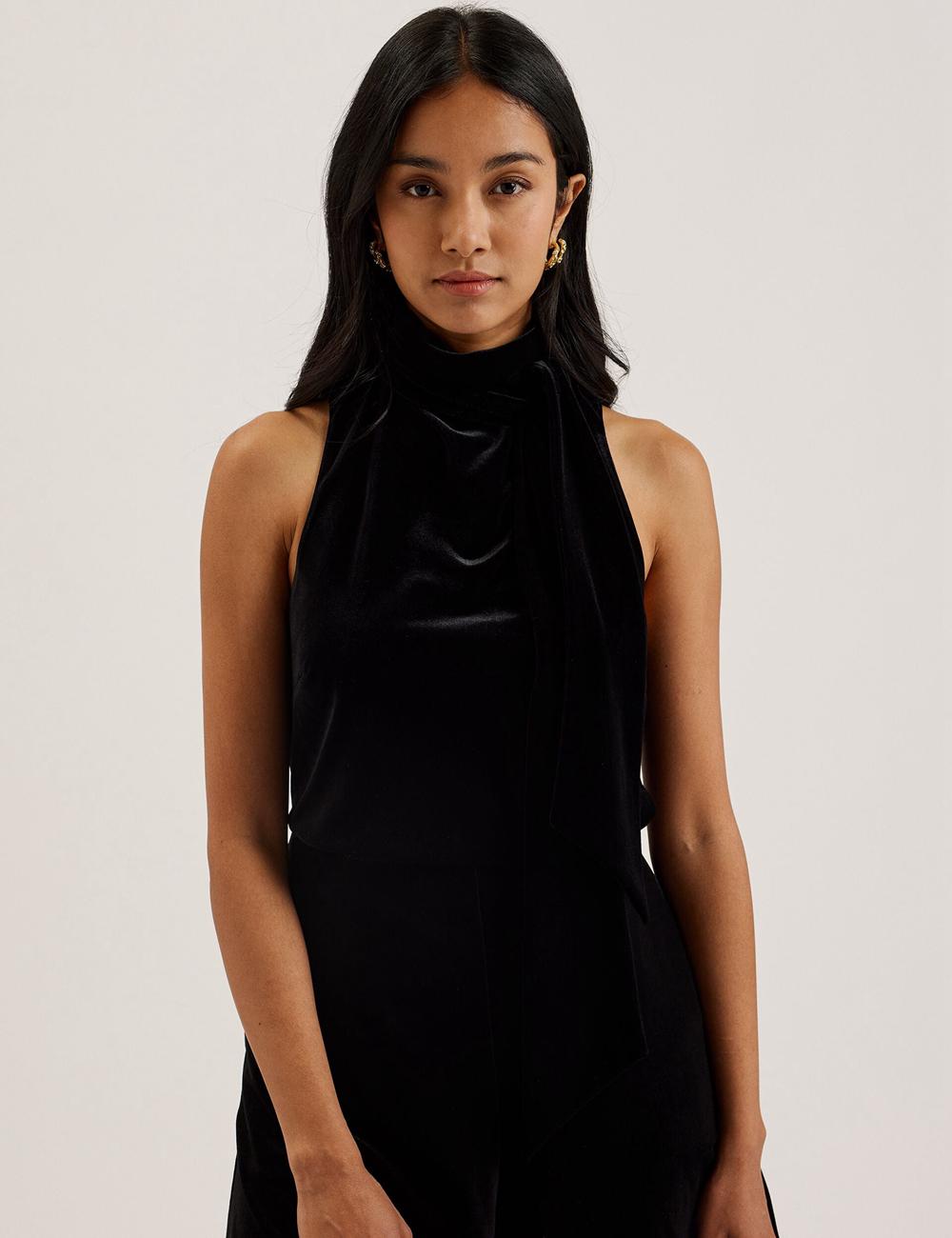 Black Ted Baker NALIAS - Velvet High Cowl Neck Sleeveless Women Tank Tops | SG  8137-FHYPV
