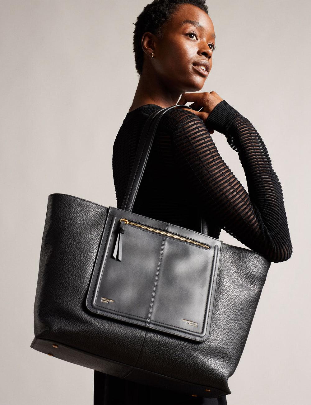 Black Ted Baker NISH - Wide Leather Shopper With Zip Pocket Women Shopper Bags | SG  5406-NWAKR