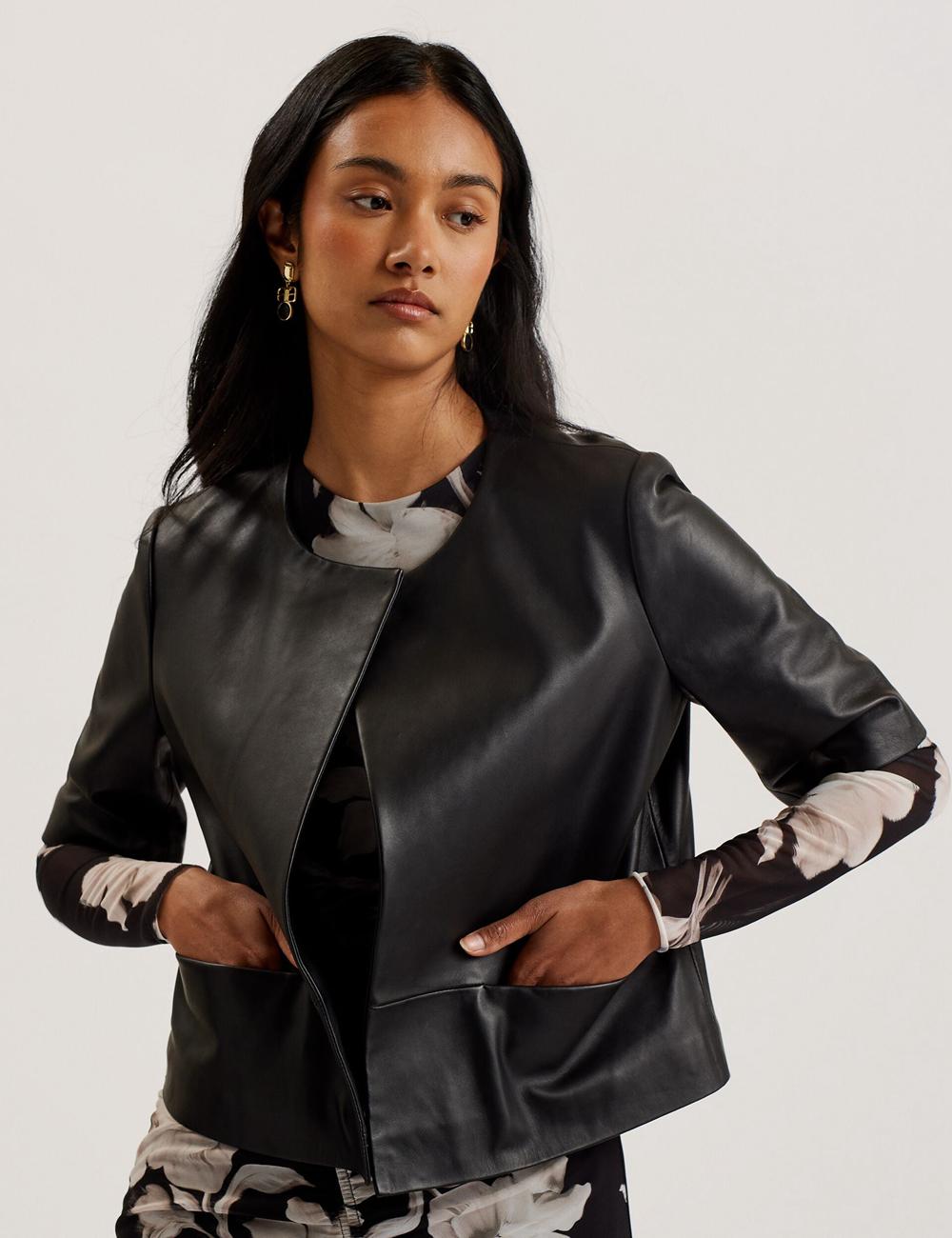 Black Ted Baker OBINO - Cropped Sleeve Open Leather Women Jackets | SG  0681-AEGBM