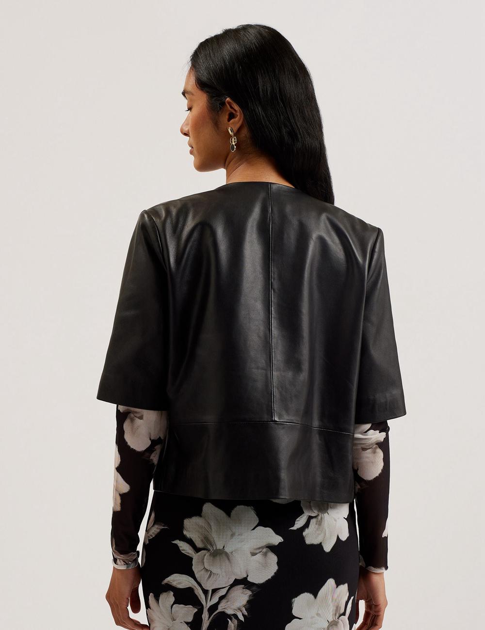 Black Ted Baker OBINO - Cropped Sleeve Open Leather Women Jackets | SG  0681-AEGBM