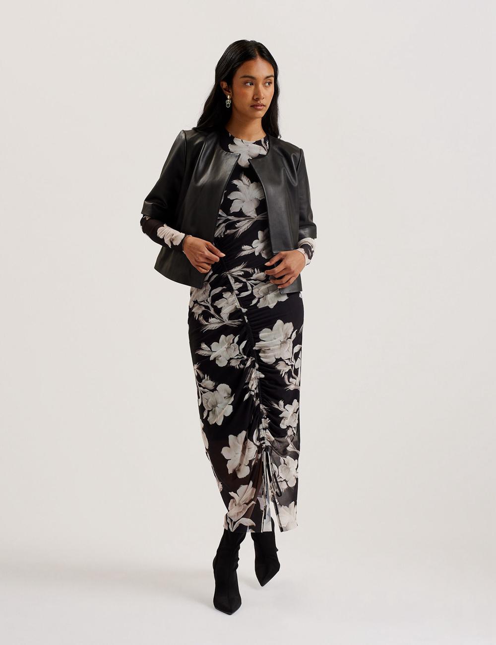 Black Ted Baker OBINO - Cropped Sleeve Open Leather Women Jackets | SG  0681-AEGBM