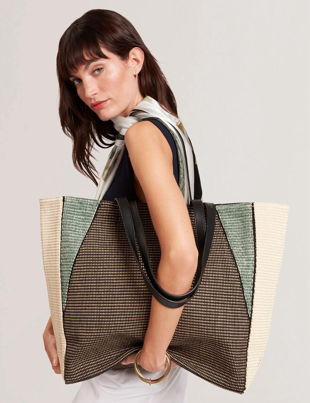 Black Ted Baker RAFIYA - Woven Colour Block Folding Shopper Women Shopper Bags | SG  2759-KQBLU