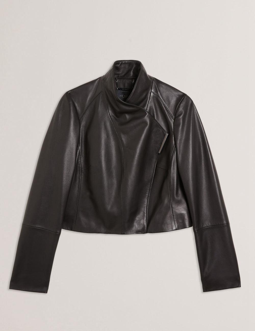 Black Ted Baker RIYOZE - Wrap Front Cropped Leather Women Jackets | SG  0867-MNBYZ