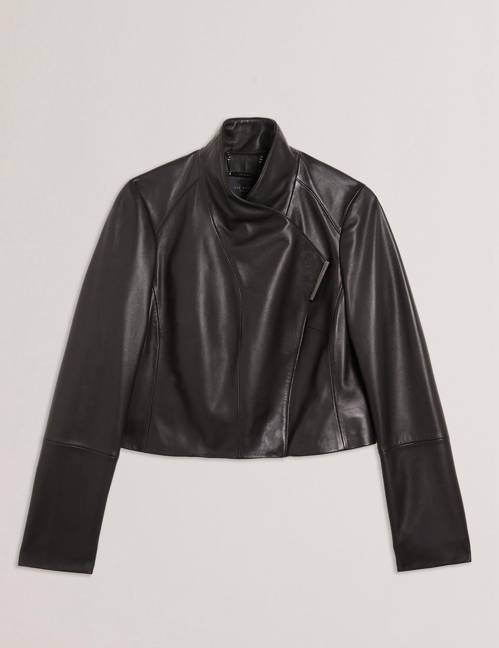Black Ted Baker RIYOZE - Wrap Front Cropped Leather Women Jackets | SG  0867-MNBYZ