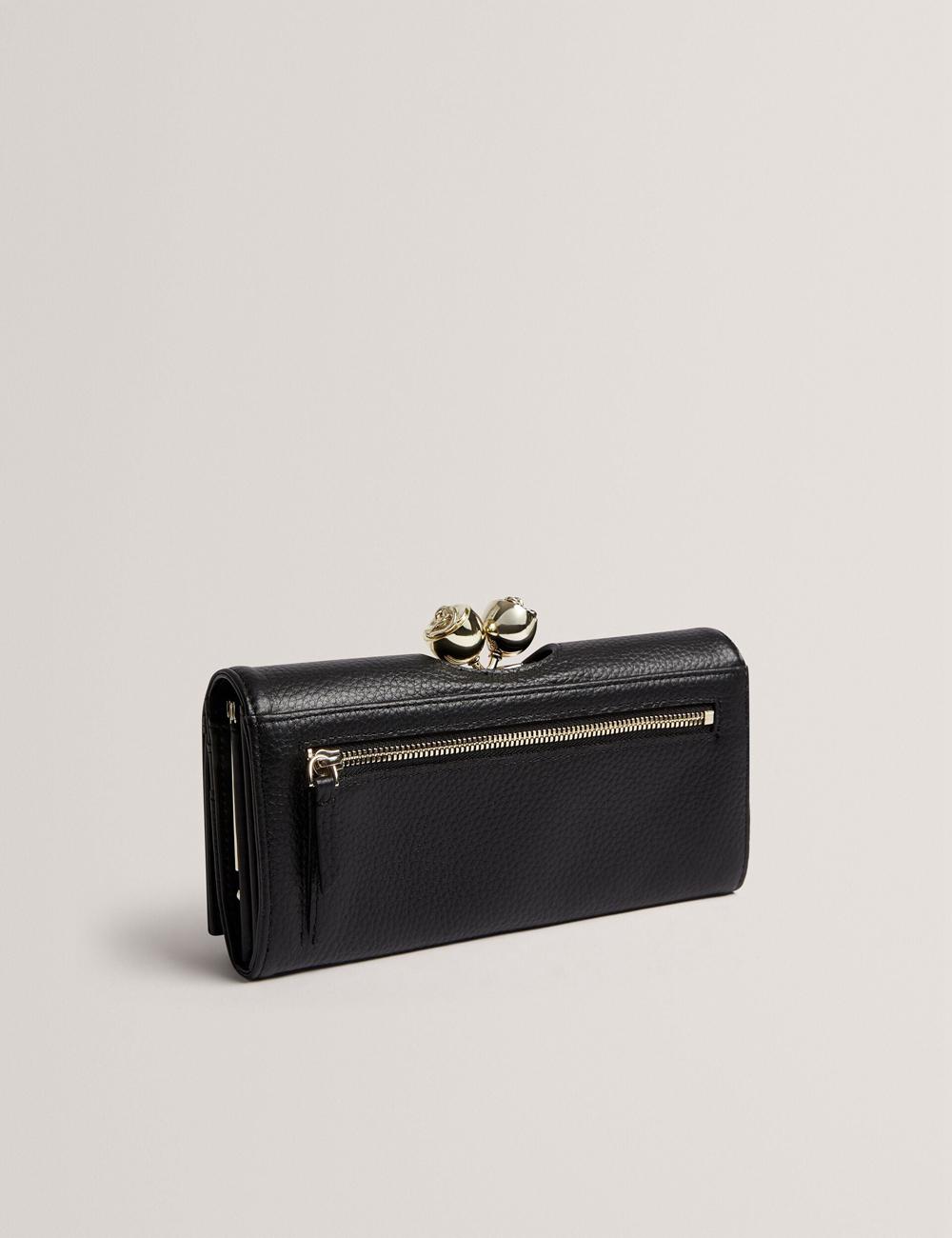Black Ted Baker ROOSALI - Rose Clasp Large Bifold Leather Women Purses | SG  9714-JEYXD
