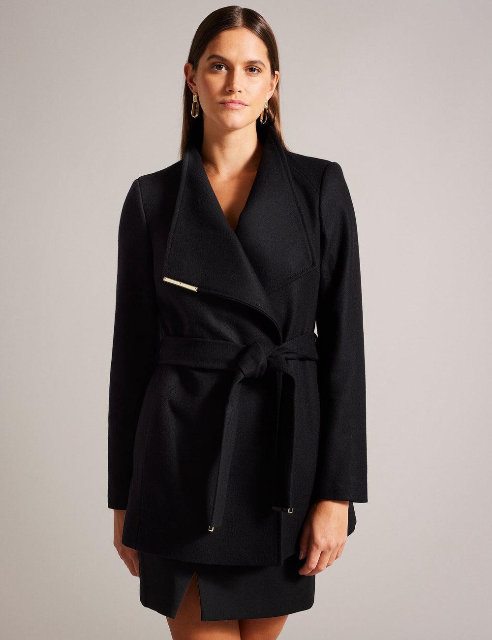 Black Ted Baker ROSESS - Short Belted Wool Wrap Coat Women Jackets | SG  3758-XKBCZ