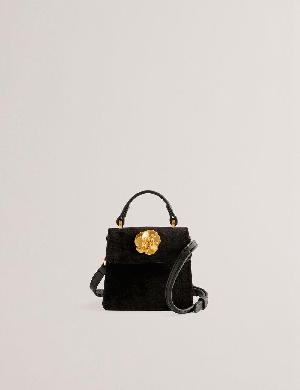 Black Ted Baker ROSIYA - Mini Velvet Rose Detail Top Handle Women Crossbody Bags | SG  5289-BONHM