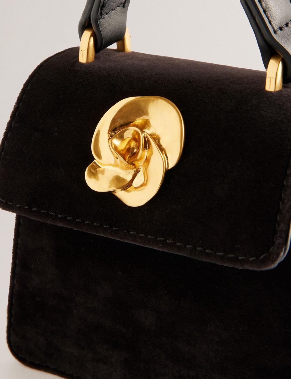 Black Ted Baker ROSIYA - Mini Velvet Rose Detail Top Handle Women Crossbody Bags | SG  5289-BONHM