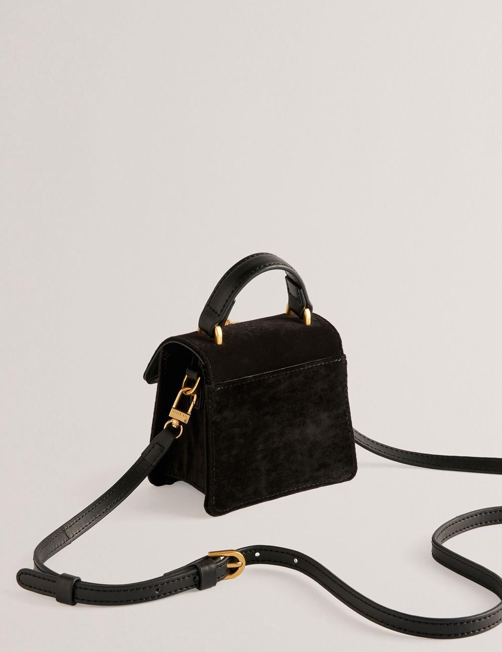 Black Ted Baker ROSIYA - Mini Velvet Rose Detail Top Handle Women Crossbody Bags | SG  5289-BONHM