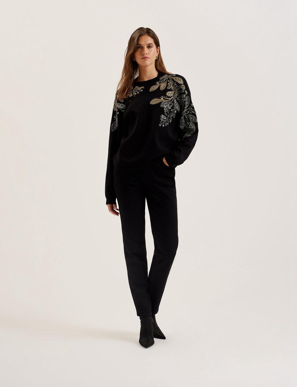 Black Ted Baker ROSMRRY - Embellished Floral Detail Knitted Women Jumpers | SG  3842-TZWJY