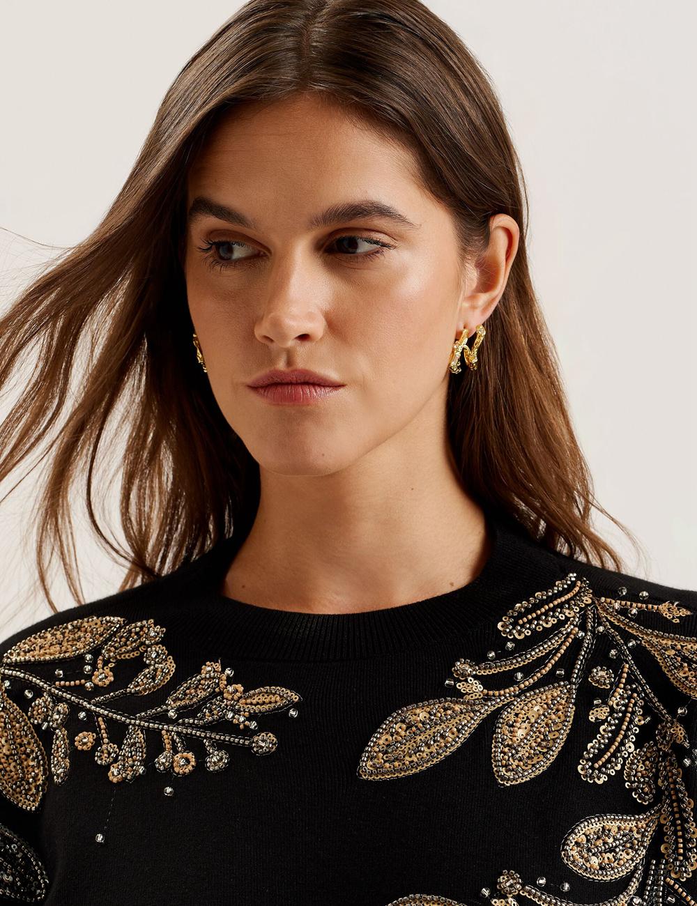 Black Ted Baker ROSMRRY - Embellished Floral Detail Knitted Women Jumpers | SG  3842-TZWJY