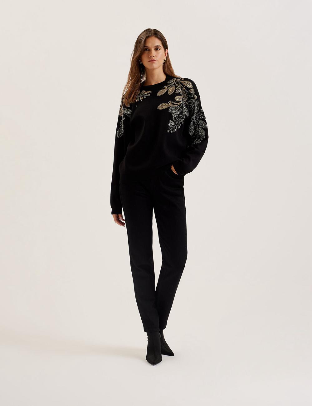 Black Ted Baker ROSMRRY - Embellished Floral Detail Knitted Women Jumpers | SG  3842-TZWJY