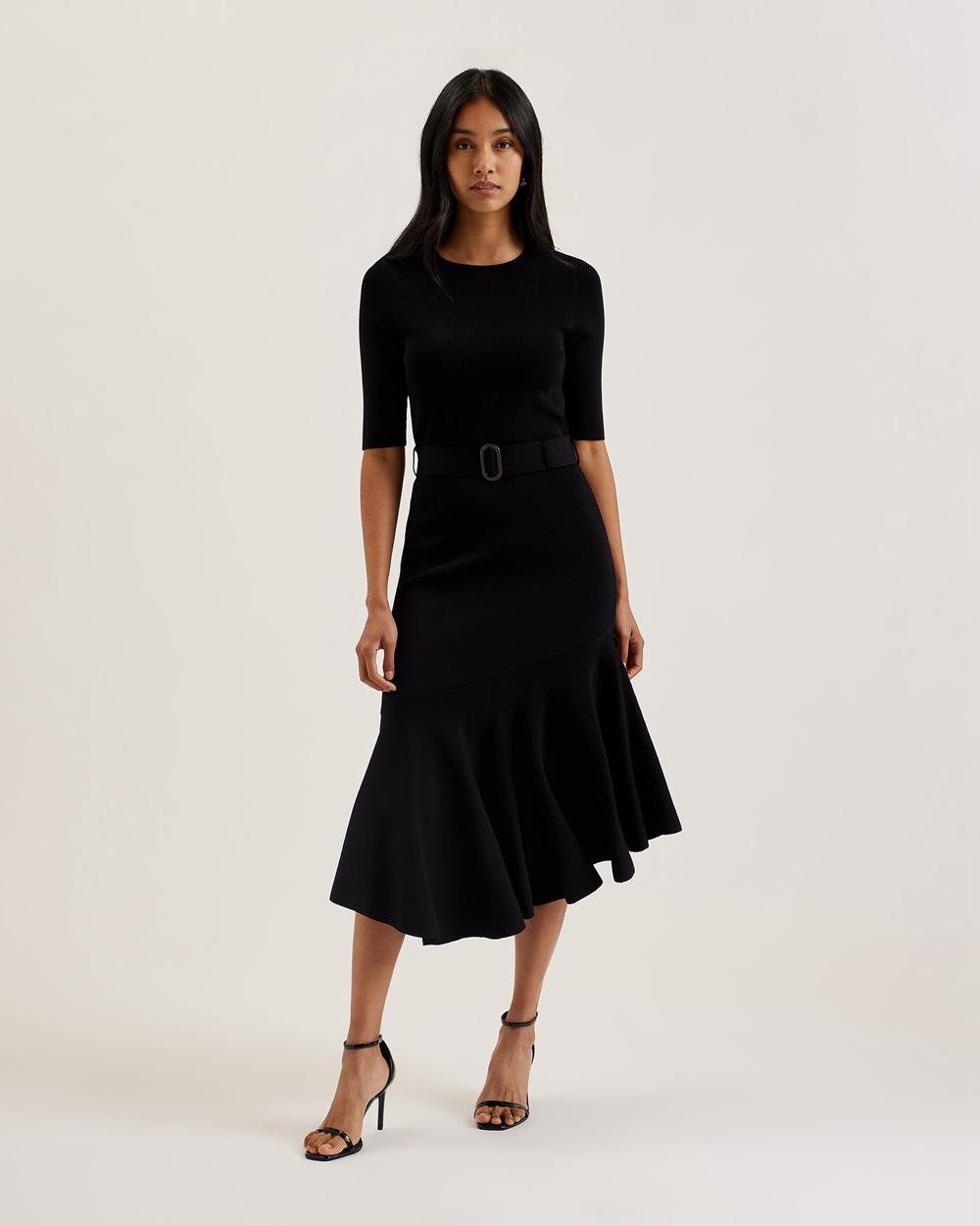 Black Ted Baker SAMALEE - Flippy Hem Knitted Women Midi Dresses | SG  1624-RDYZX