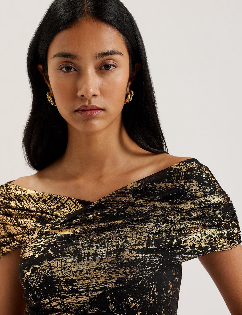 Black Ted Baker TALULAR - Bardot Foil Printed Mesh Women Tops | SG  9684-WDINA