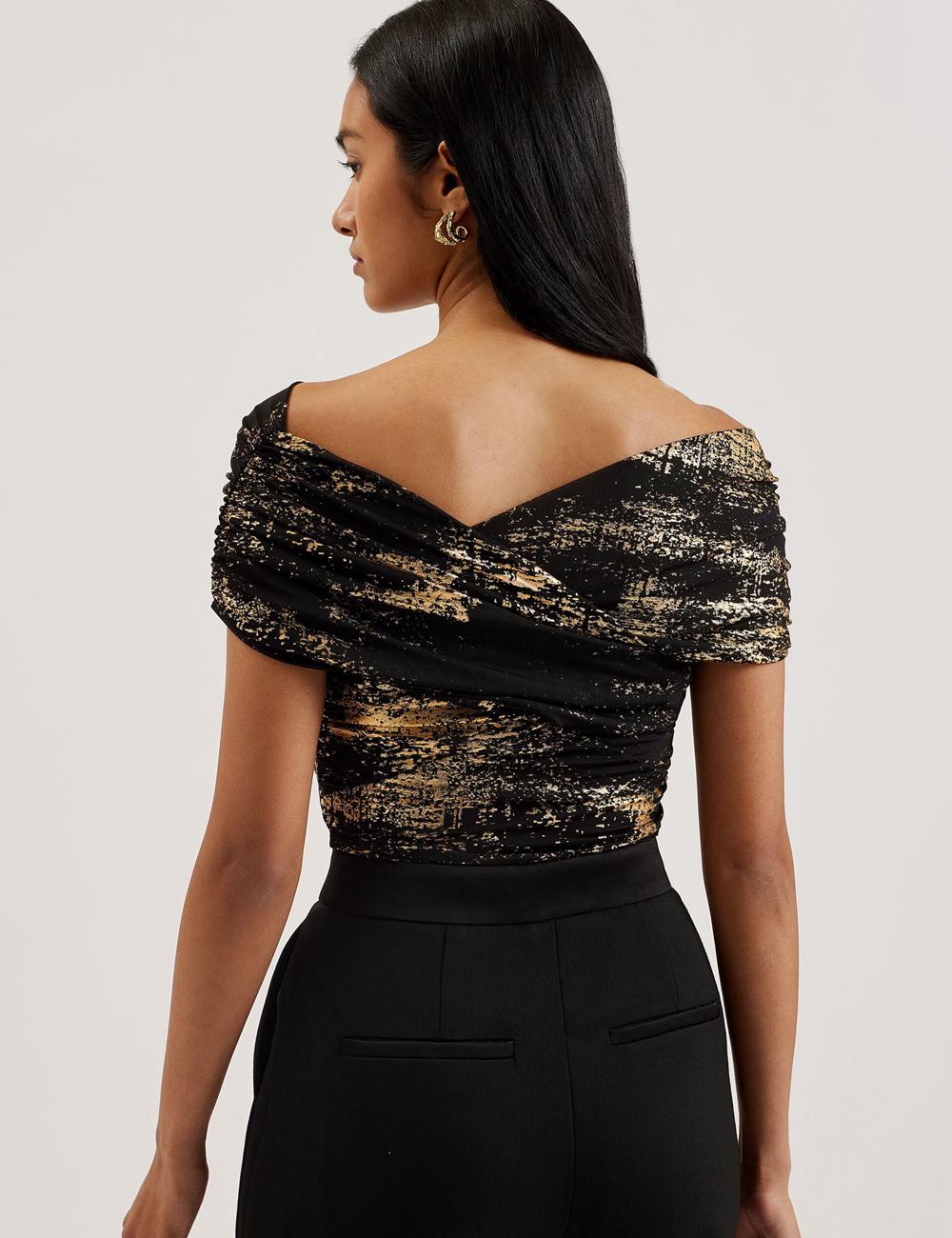 Black Ted Baker TALULAR - Bardot Foil Printed Mesh Women Tops | SG  9684-WDINA
