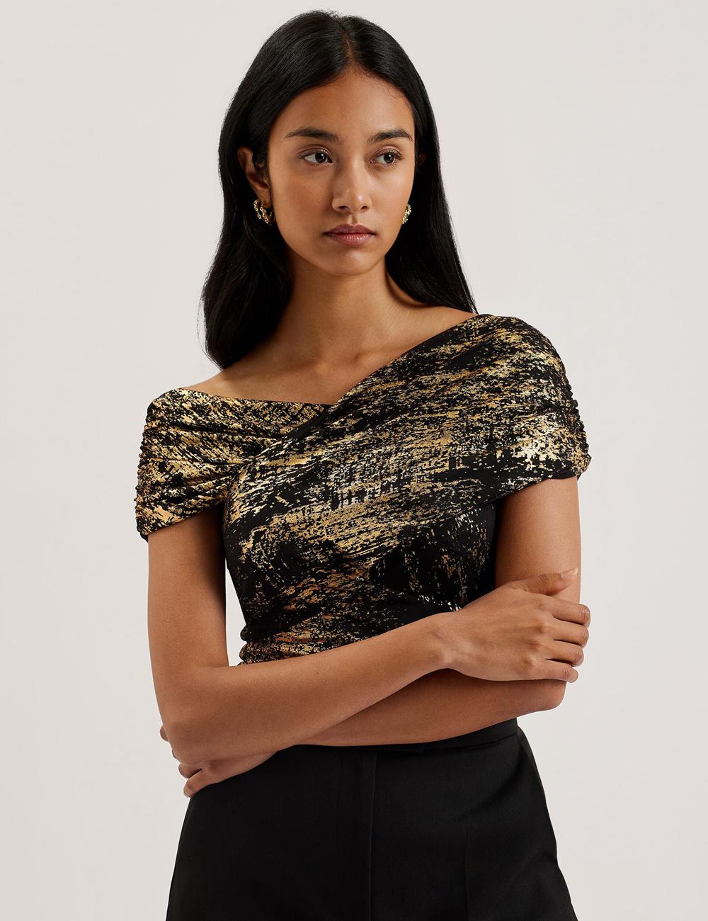 Black Ted Baker TALULAR - Bardot Foil Printed Mesh Women Tops | SG  9684-WDINA