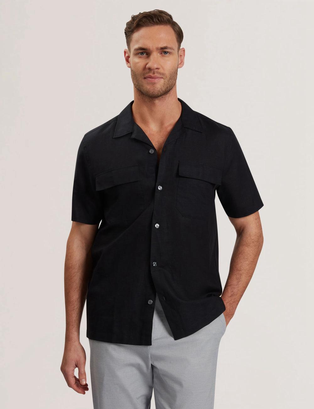 Black Ted Baker WHETHER - Short Sleeve Regular Fit Double Pocket Men Casual Shirts | SG  4613-QKIMS