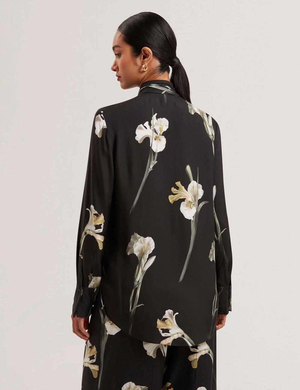 Black Ted Baker ZAKIIER - Neck Floral Print Long Sleeve Women Blouses | SG  0321-ZMQBR
