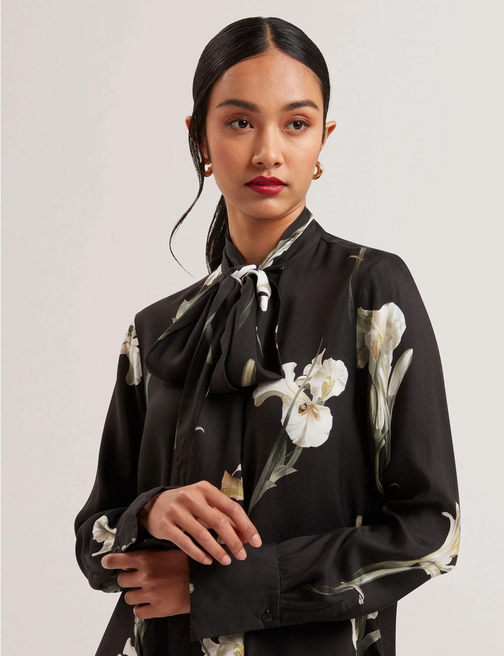 Black Ted Baker ZAKIIER - Neck Floral Print Long Sleeve Women Blouses | SG  0321-ZMQBR