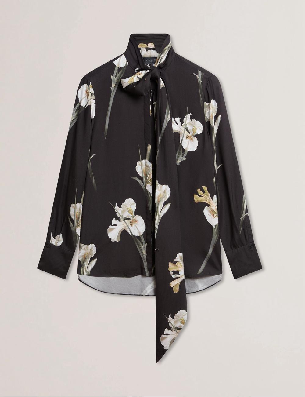 Black Ted Baker ZAKIIER - Neck Floral Print Long Sleeve Women Blouses | SG  0321-ZMQBR
